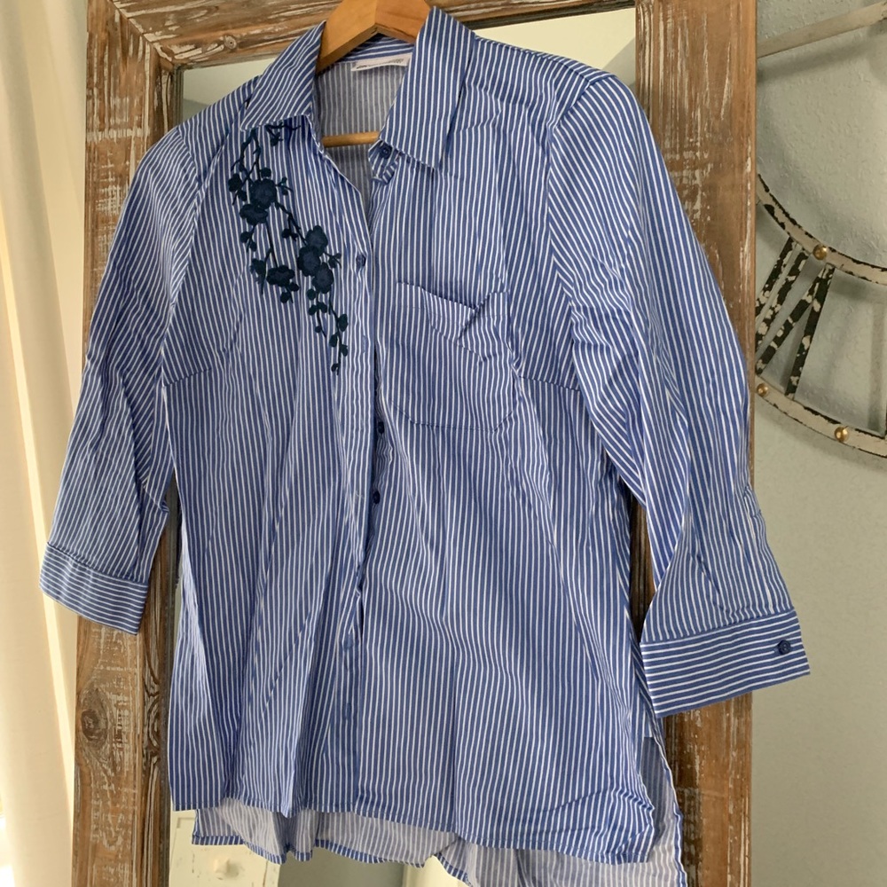NY&Co Blue and White Stripe Shirt w/ Floral Detail